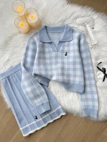 Sparklyn 2pcs/Set Girls Knitted Outfit, Pink Cute Embroidered Rabbit Plaid Sweater + Knitted Mini Skirt, Teenage Girls Long Sleeve V-Neck Pullover, Casual Elegant Style For Autumn/Winter