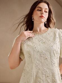 Anewsta Plus Size Solid Color 3D Floral Textured Jacquard Pearl Hem Patchwork Round Neck Dropped Shoulder Puff Sleeve A-Line Mini Dress