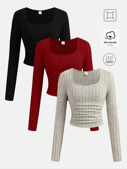 Girlism 3pcs/Pack Solid Color Long Sleeve T-Shirts For Teen Girls, Basic Casual, Autumn/Winter