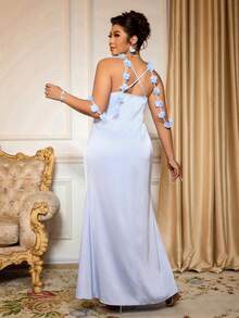 Cravure Plus Size Elegant Party Floral Decor Slip Dress - Blue - View 2