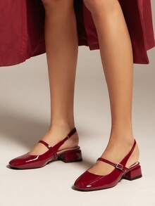 SHUZIA #巴黎风情 女士法式优雅方头粗跟漆皮酒红色露跟高跟鞋——简约别致，永恒优雅，充满女人味。 - 酒紅色 - 查看 2