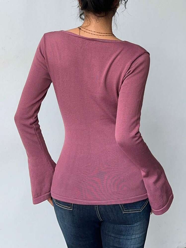 Flirla Áo len tay chuông thêu hoa thanh lịch dành cho nữ - Màu đỏ tím - Xem 3