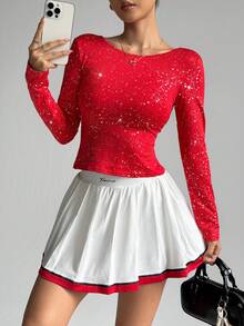 Dewbera Women's Fashionable & Elegant Fitness Running Backless Pleated Shiny Polka Dot Long Sleeve Slim Fit Yoga Workout Top