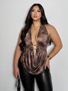 Firerie 大码女式深V领扎染露背褶皱金属装饰性感优雅吊带背心，适合秋冬季、派对、宴会等场合。 - 彩色 - 查看 5