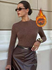 SHEIN Clasi Curve Plus Size Women's Chocolate Brown Long Sleeve Slim Fit T-Shirt,Autumn Casual Hiking Round Neck Knitted Pullover Top,High Elasticity Commuting - Coffee Brown - View 1