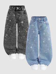 Set de 2 pantalones vaqueros de pierna ancha y suelta con adornos de strass para niñas, azul y negro - Multicolor - Ver 7