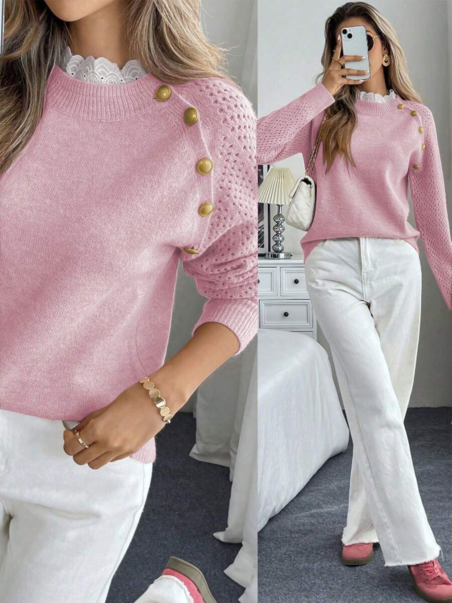 EMERY ROSE New Floral Trim Round Neck Loose Casual Women Sweater - Pink - View 1