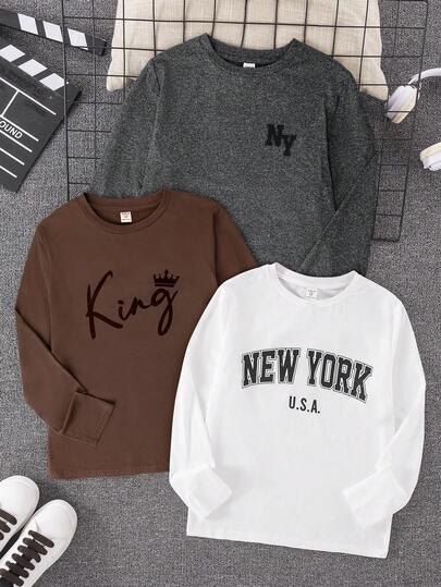 SHEIN 3pcs/Set Tween Boy Casual Letter Graphic T-Shirts, Black White Green, Suitable For Commuting, School, Everyday Casual Wear, Sports, Autumn/Winter Burgundy Boho Goth Y2k Rave Vacation Holiday Festival Christmas Fall Winter Vintage Casual Cozy