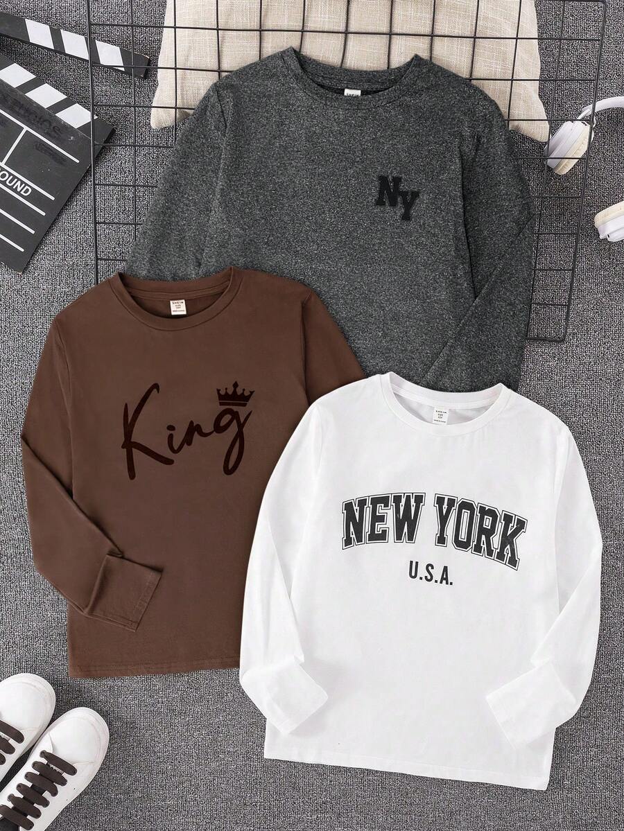 SHEIN Set de 3 camisetas gráficas casuales con letras para niño preadolescente, en negro, blanco y verde, adecuadas para ir al trabajo, la escuela, uso casual diario, deportes, otoño/invierno