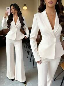 SHEIN Raffinéa French Elegant Off-White Women Summer 2 Pieces Suit Set,Autumn Office Turn-Down Collar Blazer & Pants, Professional Business Commuting Attire - Apricot - View 1