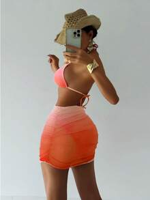 Swim SXY 3pcs Elegant, Sweet And Sexy Gradient Color Bikini Set With Chiffon Skirt Swimsuit