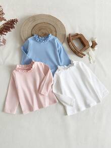 SHEIN 3pcs Baby Girls Cute Bow Ruffle Hem Candy Color Long Sleeve Top Set - Multicolor - View 3