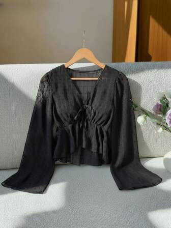 1 件女童 V 领长袖雪纺镂空衬衫，收腰，秋季休闲度假衬衫