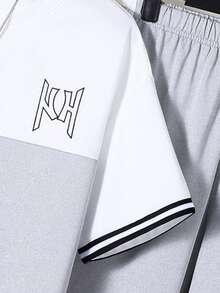 2pcs/Set Teenage Boys' Casual Contrast Color Patchwork Letter Print T-Shirt And Sports Pants Set - Grey - View 5