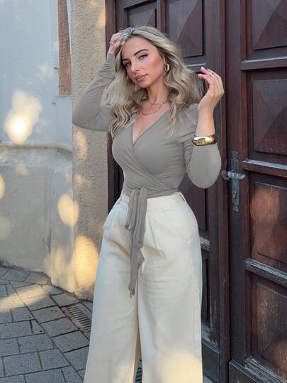 Jeta Ari Women's Pink Yoga Fitness Sports Wrap Tie V-Neck Long Sleeve Cropped Tee, Super Stretchy Soft Comfortable Casual Elegant All-Match Wardrobe Essential, Stylish Design Spring/Autumn Fall Cloth For Women