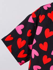 SHEIN Tween Boy Casual Loose Heart Pattern Polo Collar Short Sleeve Shirt, Suitable For Commuting, School, Daily Casual Wear, Sports, Spring/Summer - Black - View 5