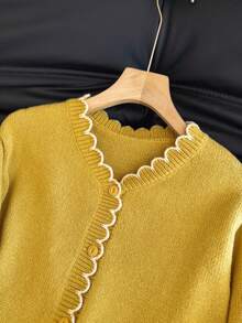 SHEIN Franclia Cárdigan con volantes de color contrastante estilo romántico francés, estilo de transporte - Amarillo - Ver 5