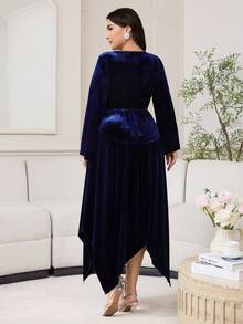 Modelyn Plus Size Women's Elegant Velvet Square Collar Flare Sleeve Asymmetrical Hem Dress, Autumn, Without Belt - Navy Blue - View 2