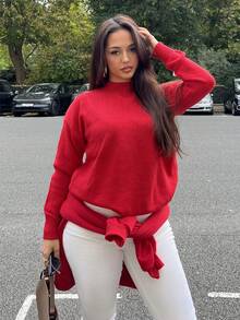 NegzBox Christmas & Autumn/Winter Holiday New Casual Solid Color Drop Shoulder Stand Collar Sweater, Versatile For Wearing Alone Or Layering, Suitable For Various Occasions And Seasons - Red - View 4