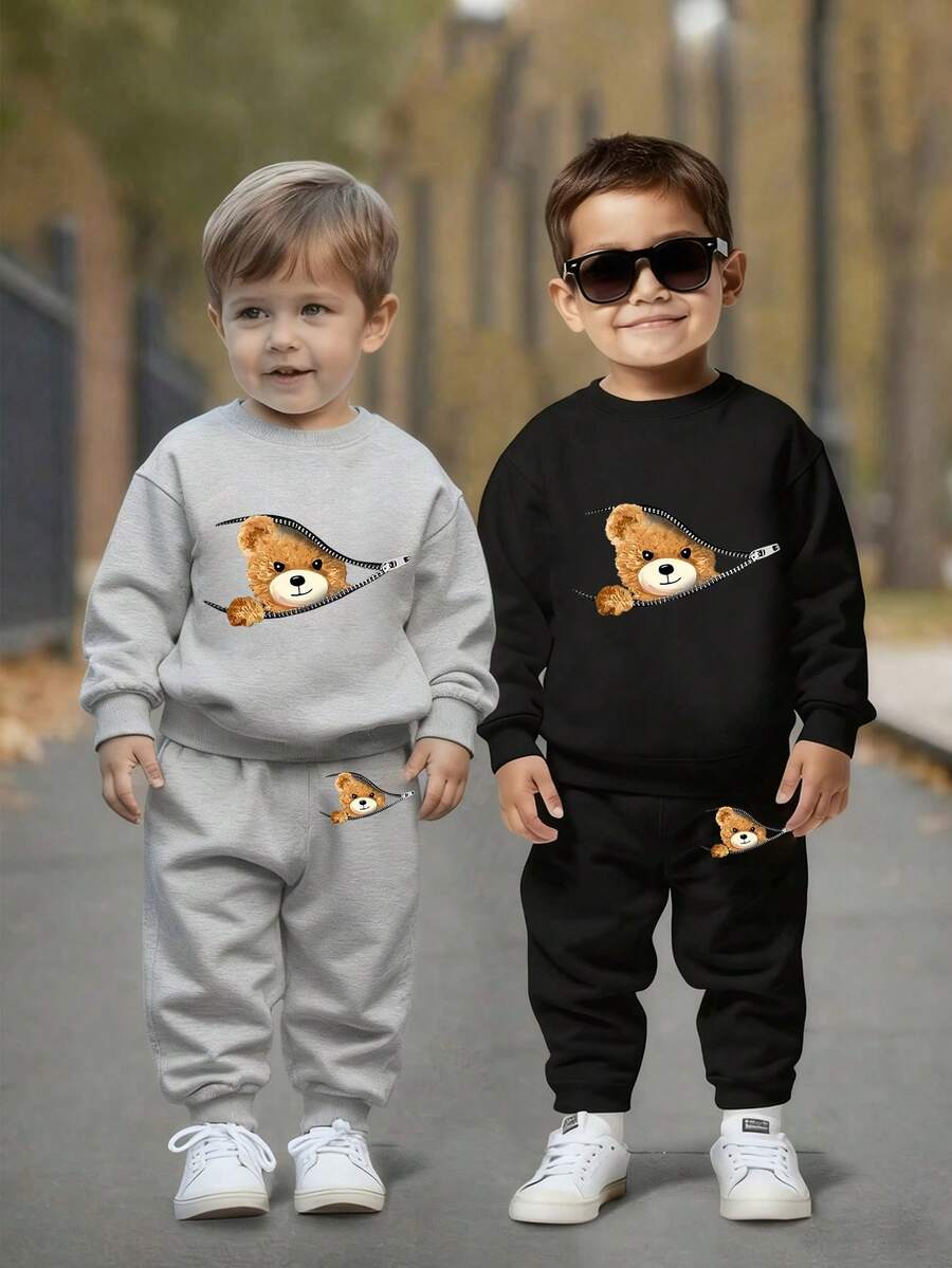 2pcs/Set Setelan Sweatshirt dan Celana Olahraga Kasual Anak Laki-laki dengan Motif Kartun Beruang dan Rantai, Nyaman dan Hangat untuk Musim Gugur & Musim Dingin - MultiWarna - View 1