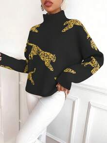 SHEIN Clasi Women's Casual Animal Pattern Stand Collar Sweater, Autumn/Winter