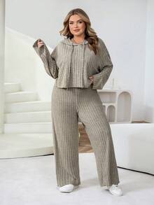 SHEIN CURVE+ Plus Size Women's Khaki Summer Curve Smart Casual Loungewear,Ribbed Knit Hooded Long Sleeve Sweatshirt And Pants 2-Piece Set,Drop Shoulder Outfit - Apricot - View 4