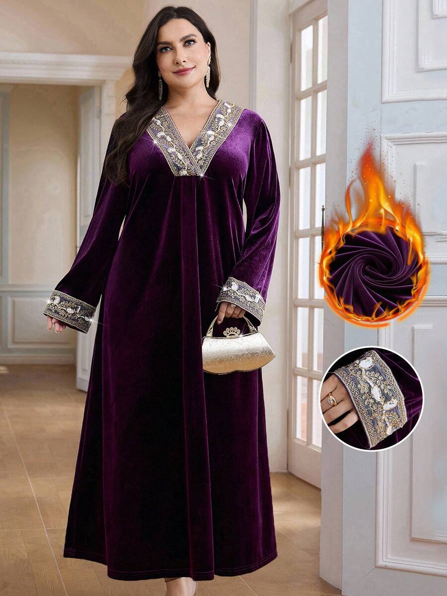 Al Najma Plus Size Women V-Neck Loose Long Sleeve Arabic Style Dress