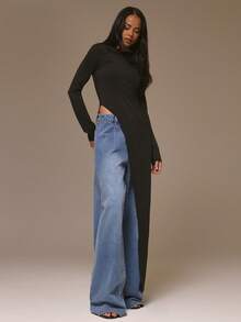 MUSERA 修身长袖超长不对称下摆上衣，酷女孩风，街头风，可爱，适合冬季节日、假期、春夏穿着 - 黑色 - 查看 4