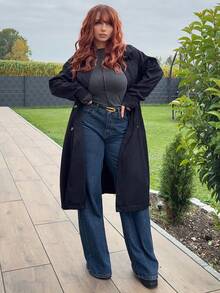 Jeta Ari 女士时尚休闲双排扣系带风衣 - 黑色 - 查看 6