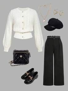 SHEIN MOD Plus-Size Women's White Casual/Work Cardigan, Simple Solid Color, Round Neck, Lantern Sleeves, Wide Hem, Single-Breasted, Suitable For Autumn And Winter,  Warm Coat. - White - View 1