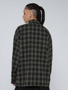 COUREZ Long Sleeve Cinched Shirt In Grid Check /Spring Outfits For Women Spring Tops Y2K Black Tops Spring Outfits Elegant Cozy - Army Green - View 3