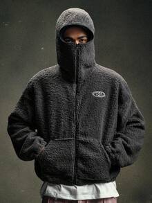 EASEVO Plus Size Men's Geometric Embroidery Long Sleeve Zip-Up Sherpa Hoodie - Dark Grey - View 5