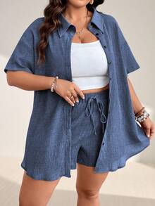 Momelise Plus Size Vacation Casual Solid Color Shirt & Shorts 2 Pieces Set - Dusty Blue - View 4