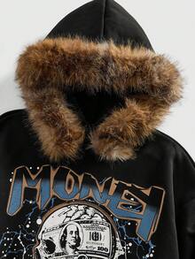 ROMWE MEN Goth Men's Letter & Skull Print Long Sleeve Hooded Sweatshirt With Fur Collar, Casual For Autumn/Winter - Black - View 3