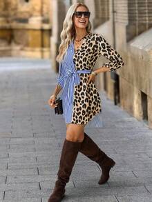 SHEIN Clasi 女士撞色条纹衬衫裙，优雅百搭的秋季休闲连衣裙 - 彩色 - 查看 5