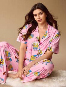 SpongeBob SquarePants | SHEIN Conjunto de pijama de talla grande de verano con top y pantalones casuales y lindos con estampado de dibujos animados - Rosa - Ver 6
