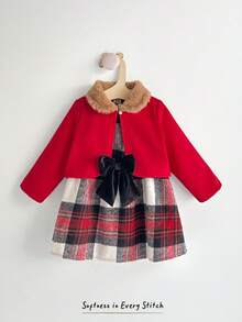 Cozy Pixies 2pcs Baby Girl Christmas New Year Red Plaid Contrast Bow Decor Sleeveless Waist Dress & Long Sleeve Fur Collar Cardigan Set