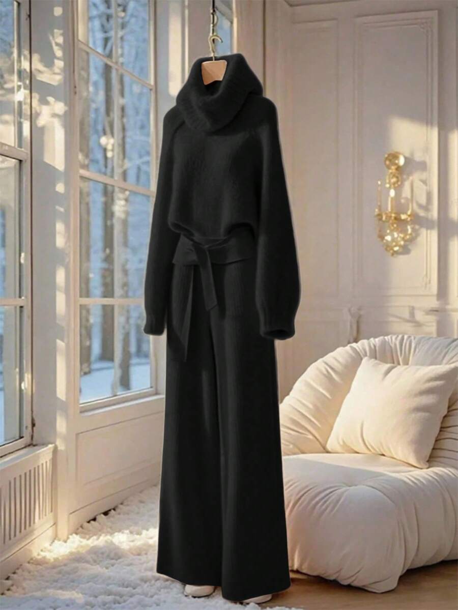 SHEIN Franclia 两件套女士休闲宽松纯色高领毛衣，优雅百搭，秋冬季 - 黑色 - 查看 1