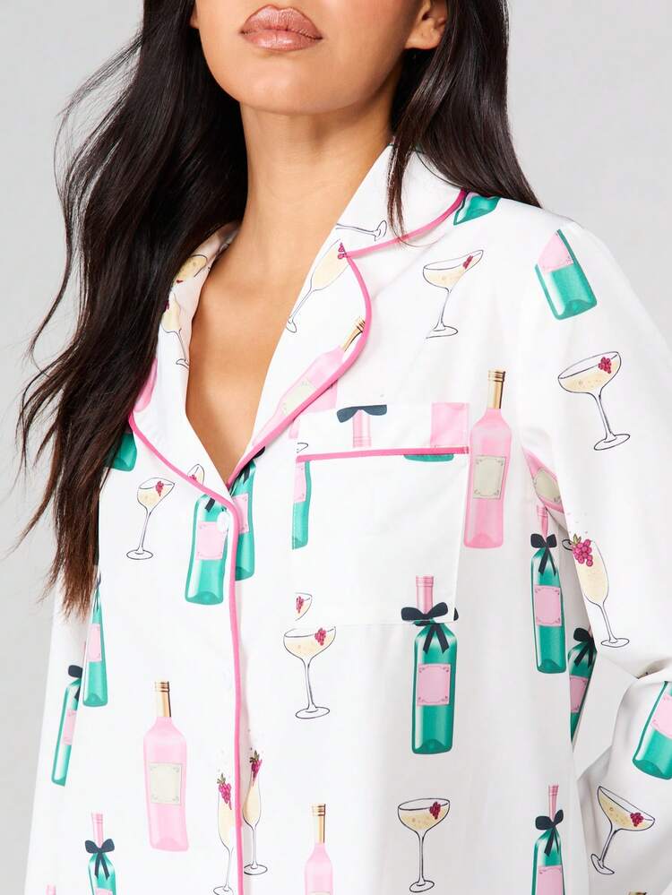 MISSGUIDED Long Sleeve Button Up Pajama Set With Print For Women Sleepwear Lounge