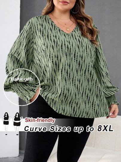 SHEIN CURVE+ 加大码 V 领撞色落肩长袖宽松休闲弧形下摆衬衫