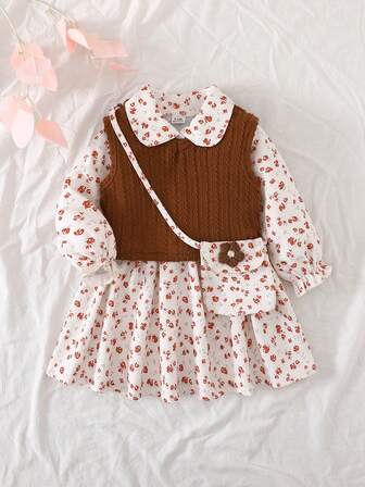 SHEIN Vintaside Kids 2pcs Baby Girls Denim Dress & Knitted Vest Set, Autumn/Winter