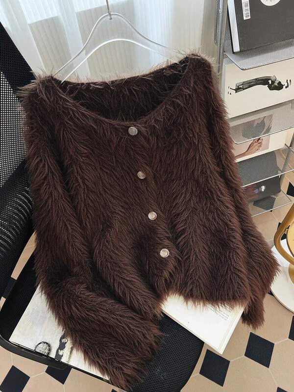 Regalyn Plus Size Women Casual Daily Commute Simple Solid Color Fluffy Knit Cardigan, Autumn/Winter