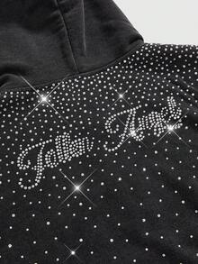 ROMWE Grunge Punk Y2K Kpop Rhinestone Washed Distressed Crop Sweatshirt - Black - View 3