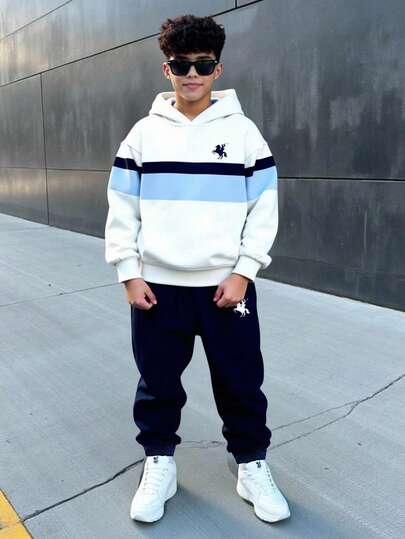 青少年男孩秋季新品，舒适休闲简约 Y2K 拼色运动街头嘻哈英文字母宽松长袖连帽衫套装，适合秋冬