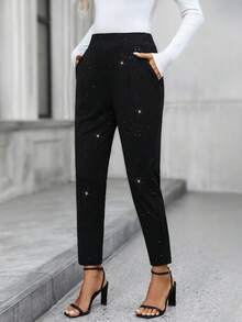 EMERY ROSE Quần đen bạc thời trang đi làm cho nữ Quần thanh lịch cho nữ Quần đính đá lấp lánh Quần lấp lánh Quần mùa đông cho nữ Quần đen cho nữ Quần thanh lịch cho nữ Quần đi chơi thời trang cho nữ, Quần đen năm mới - màu đen - Xem 5