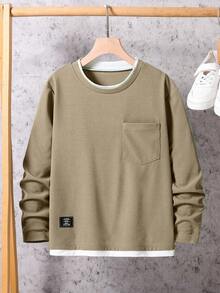 1pc Boys' Casual Pullover Round Neck Long Sleeve T-Shirt, Contrast Color Collar & Hem Design, Discreet Branding, Comfortable Fabric, Suitable For Summer & Autumn - Apricot - View 3
