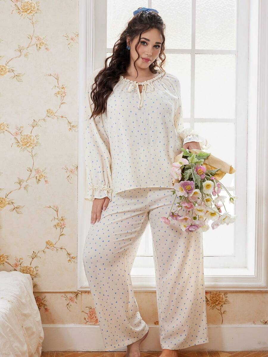 CottageSlumber Bộ đồ ngủ cỡ lớn in hình trái tim lãng mạn, cổ áo xếp ly tinh tế, nơ, tay dài và quần dài, thích hợp cho mùa đông. - Màu be - Xem 1