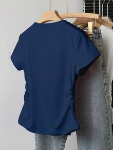 Camiseta gráfica con estampado de mariposa y corazón con cintura ceñida, nuevos lanzamientos de verano para mujer - Azul marino 2 - Ver 3