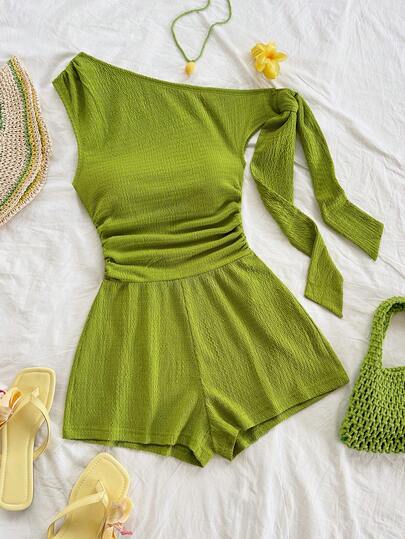 Soleia Mono de mujer de color amarillo claro con hombros asimétricos, tirantes con lazo y ajuste ceñido, ideal para fiesta, vacaciones, festival de música, estilo bohemio, cita de vacaciones, té de la tarde