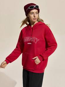 Exploreva Sweat-shirt à capuche femme avec imprimé lettres, manches longues et épaules tombantes, cordon de serrage, pour l'extérieur - Rouge - Voir 3